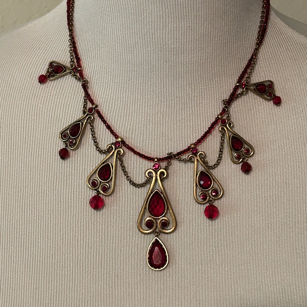 Carolina Herrara Signed CH Necklace Red and Gold Tone Double Strand Beaded